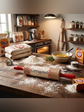 Corrugated Maple Wood Pastry Rolling Pin with Red Handles
